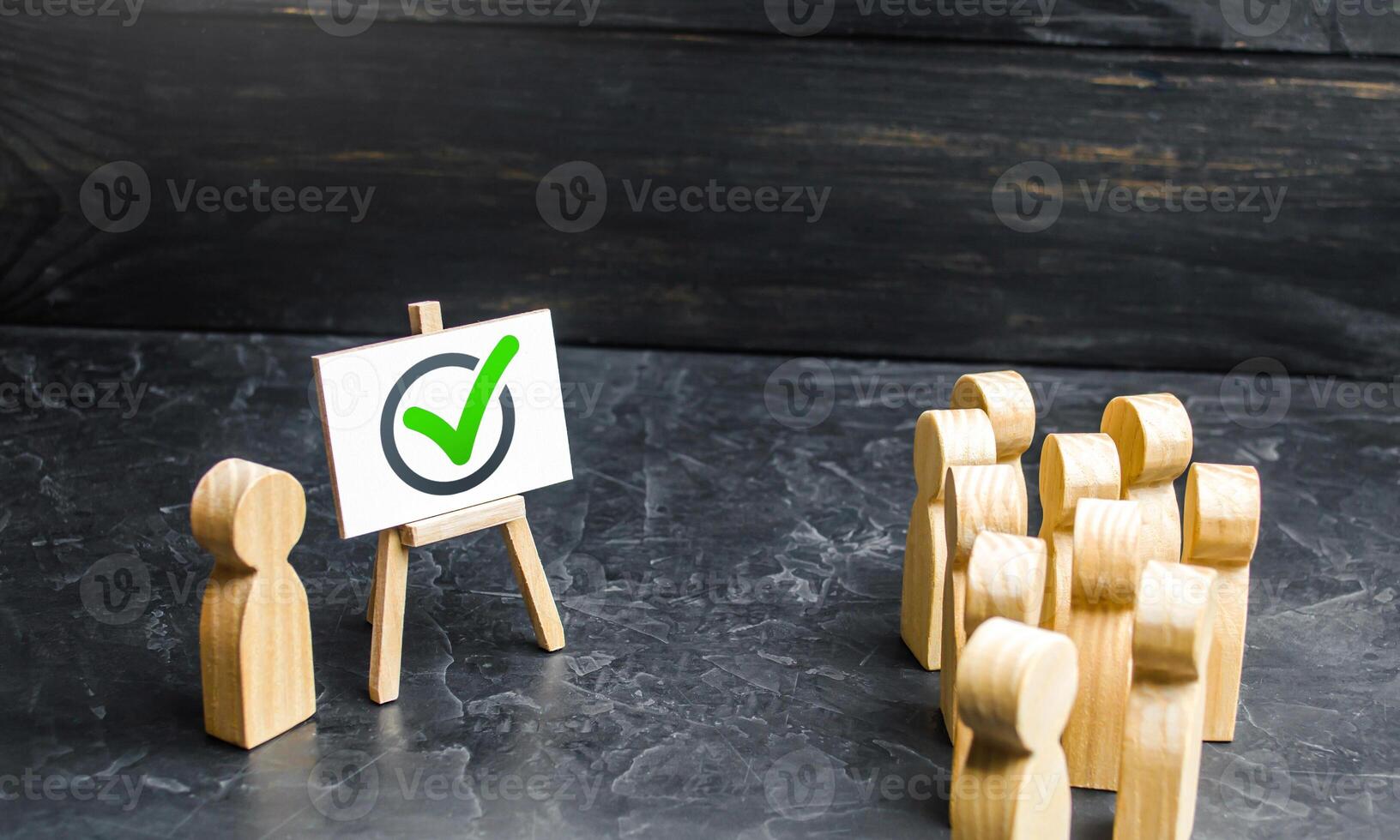 People and a vote check mark. Involving people in solving the problem. Campaigning for voting for a project or political candidate. Lobbying interests. Public poll. Report, briefing, presentation. photo