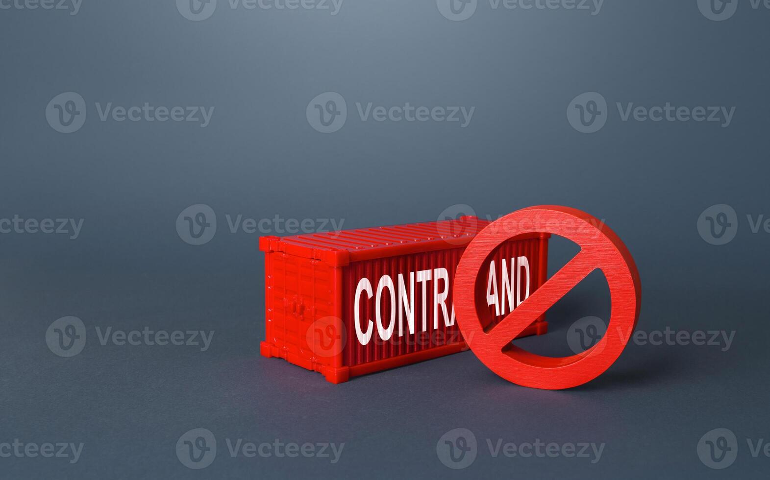 Red cargo ship container with the word Contraband. Fight against drug trafficking, counterfeiting and duty-free import, a threat to the security of the economy. Violation of sanctions. photo