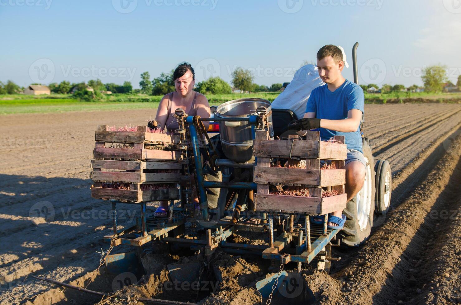 People are planting a field with potatoes. Automation of the process of planting potato seeds. New technological solutions to simplify work. Agricultural technologies. Agroindustry and agribusiness. photo