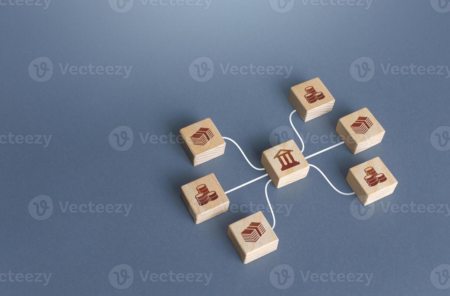 Bank blocks are linked to money by lines. Operation of money funds, transactions. Lending, deposits. Capital Markets. Investment. Borrowing. Capitalization and liquidity of financial banking system. photo