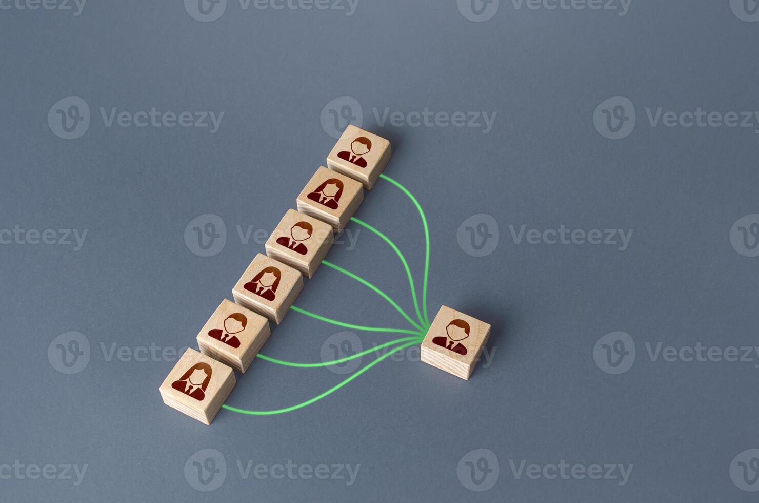Leader communicates with his charges. Social circle. Leadership skills, complete control. Distribution of indications in the vertical hierarchy. Subordination, business management. Lead, give orders. photo