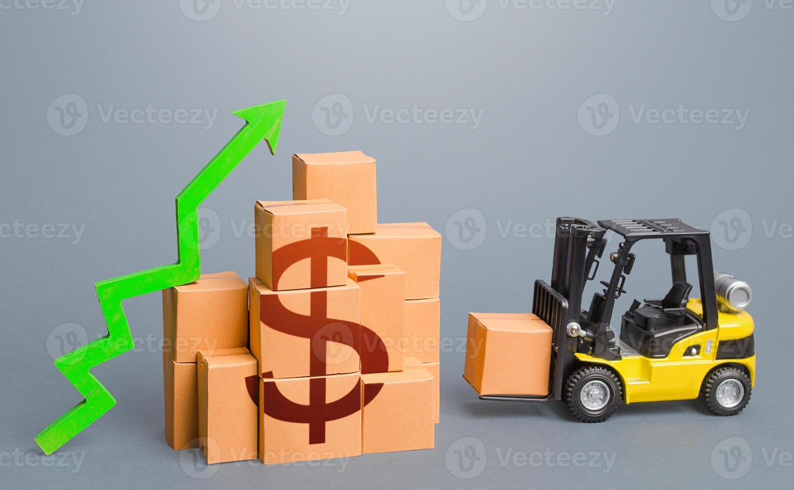 Forklift near a stack of dollar boxes with a green up arrow. Sales growth concept. Production and freight of goods. Increase in imports and exports, economic recovery. World trade traffic. High income photo