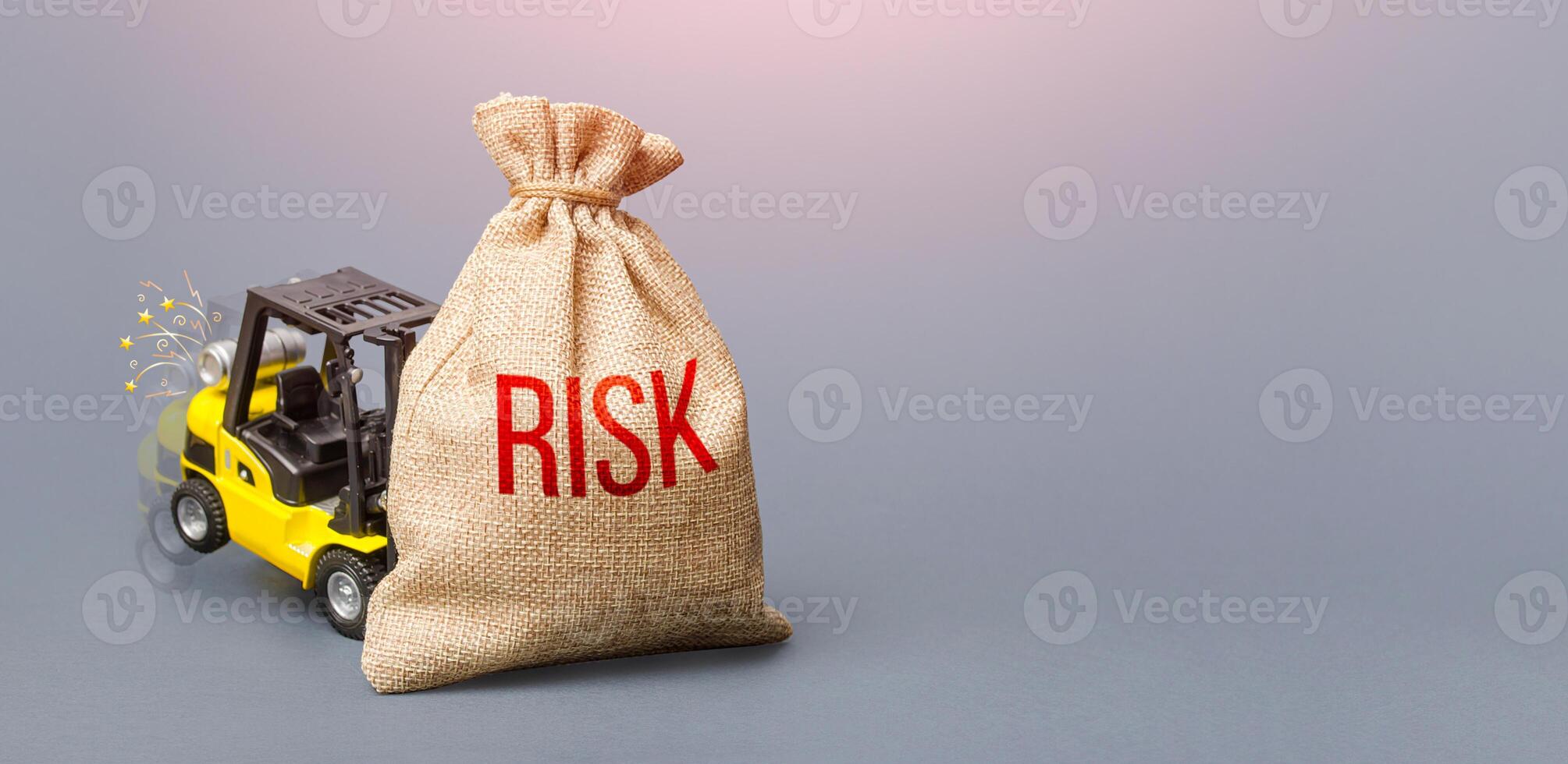Forklift unable to lift the bag with Risk. Business strong risk management concept. High probability of failure and deterioration of situation. Revision of strategy tactics. Forecasting and planning photo