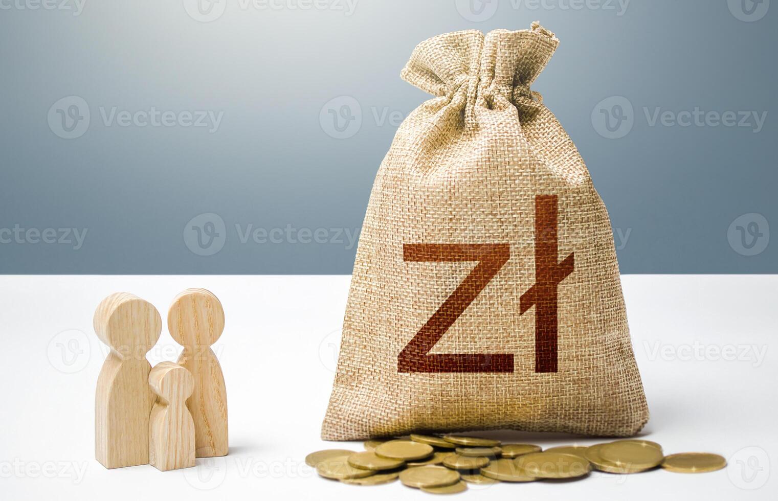 Polish zloty money bag with money and family figurines. Investments in human capital, culture social projects. Financial support for social institutions. Providing assistance to citizens. photo