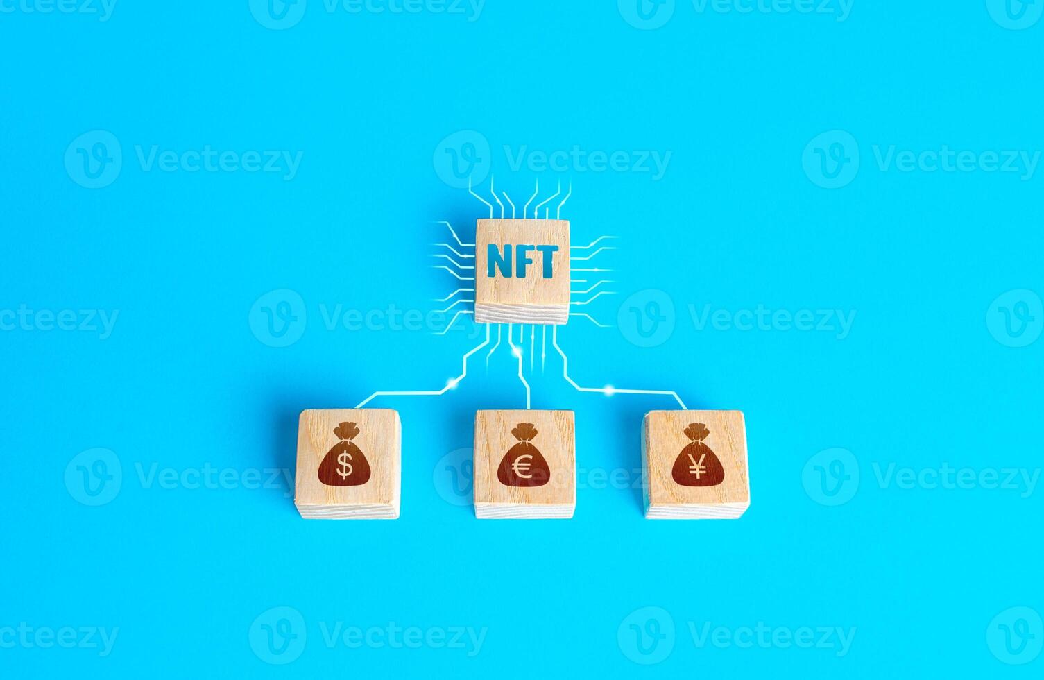 Blocks NFT non-fungible token and money connected by lines. Selling digital assets and art through auctions. Blockchain technology. Monetization, investment in cryptographic tokens, cryptocurrency. photo