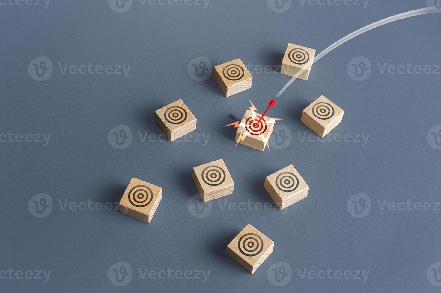 Red arrow hits a target circle. Target audience targeting concept. Direct shot, Bulls-eye. Marketing, high advertising efficiency. Accuracy, budget savings on promotion. Market research. photo