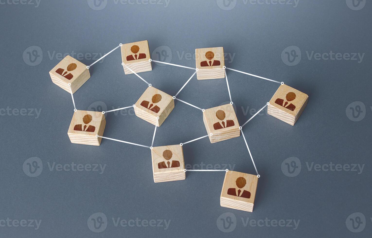 Network of connected people. Interaction between employees and community members. Information exchange relations. Unity cooperation. Social communication. Distribution responsibilities between workers photo