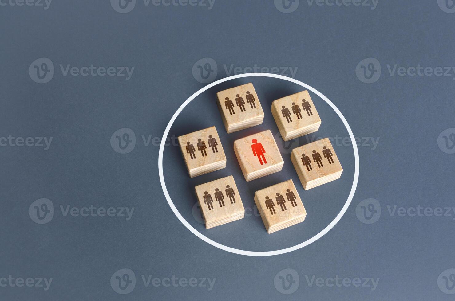 The leader gathers around him a group of people of followers in a circle. Combining to achieve a goal. Unity. Team discipline, teamwork cooperation. Self management workers group. Autonomy performance photo