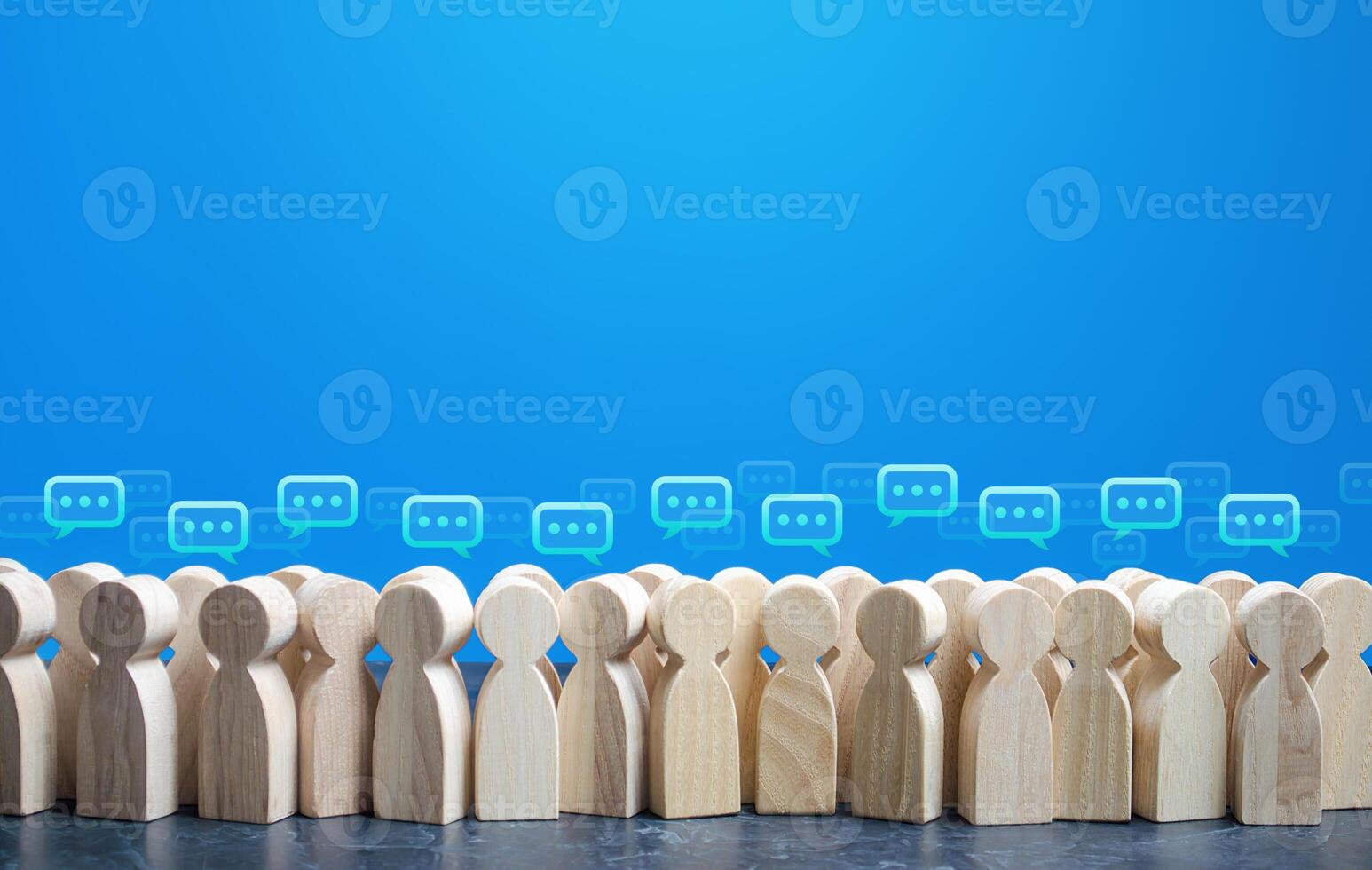 People figures with comment clouds above their heads. Social communication. Information exchange. Rumors and gossip. Talk and chat. Discussion and dialogue. Public opinion poll. Dispute settling photo