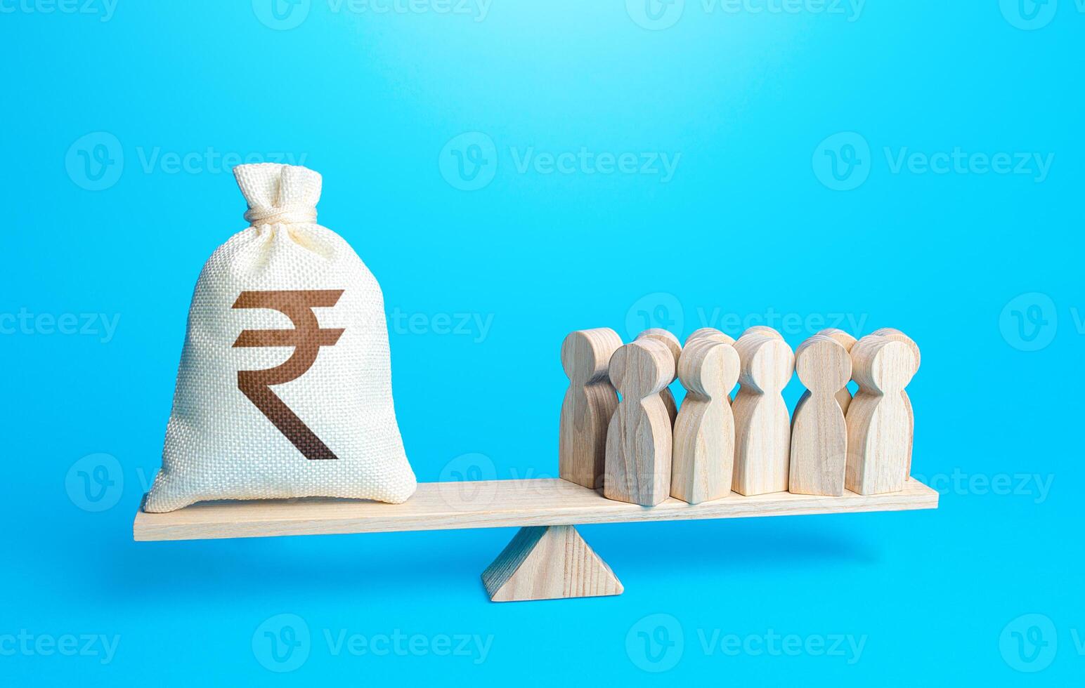 Group of people and indian rupee sterling money bag on weight scales. Staff maintenance. Payment of staff salaries. Investors investments, shareholders. Financial support. Profit from productivity. photo
