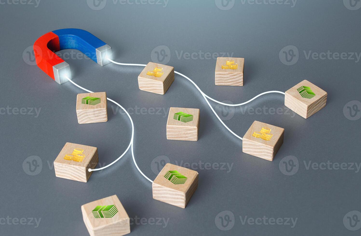 Magnet with lines attracts blocks with money. Profit raising, tax collection. Borrowing loans, attracting investments. Accumulation of funds. Making money, getting rich. Achieving financial success. photo