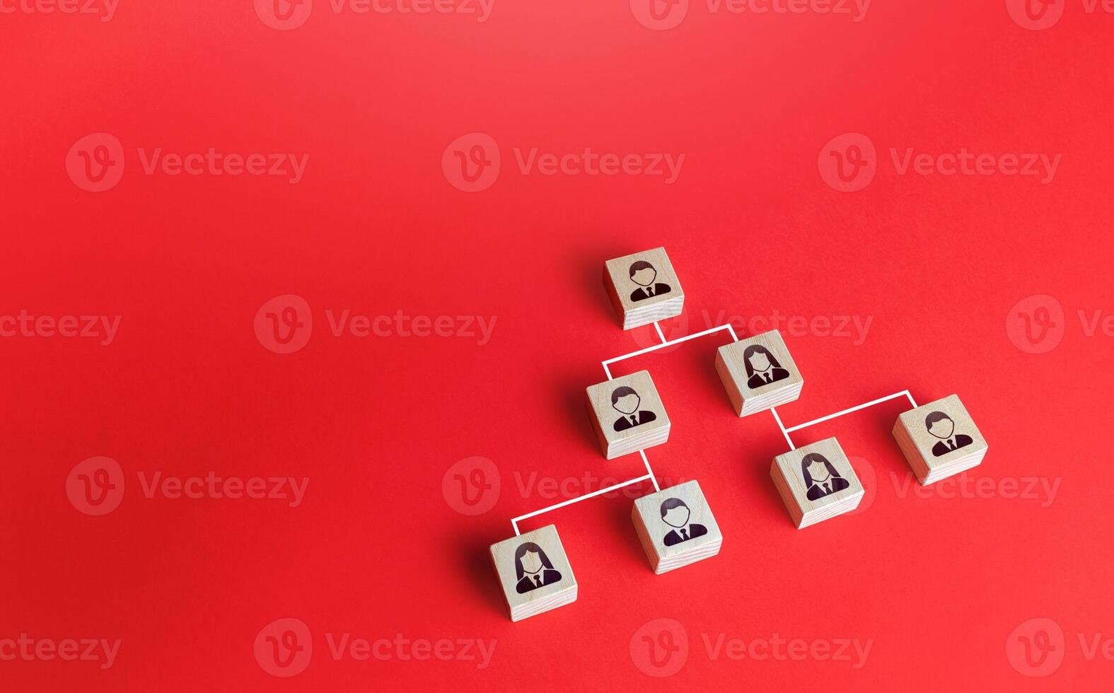Blocks of people connected by lines form a pyramid hierarchical system. Personnel management, delegation of responsibilities, leader regulatory functions. Competition, striving for career growth photo