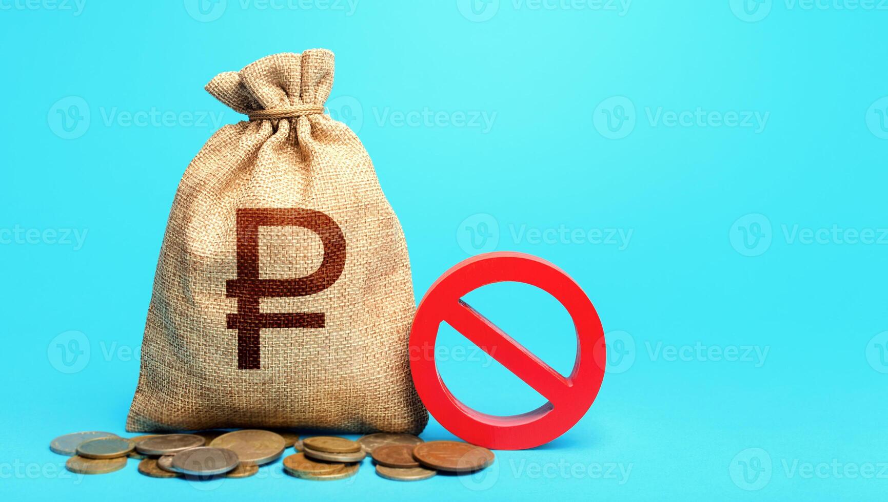 Russian ruble money bag and red prohibition sign NO. Monetary restrictions, freezing of bank accounts. Monitoring suspicious money flows. Confiscation of deposits. Termination projects. photo