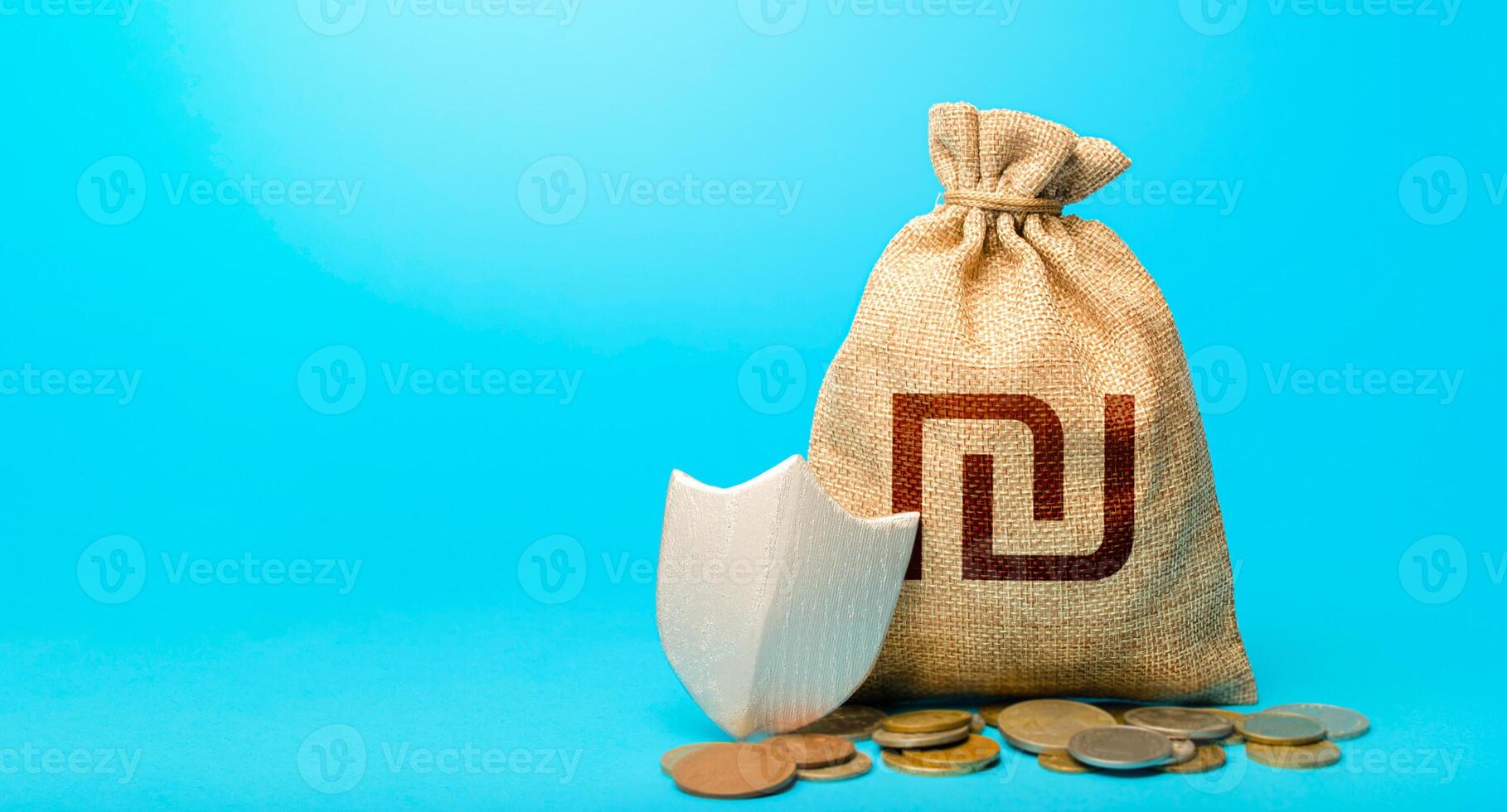 Israeli shekel money bag and protection shield. Guarantee protection savings and investments. Avoiding loss of funds during inflation. Secured loan. Financial instruments. Ease doing business. photo