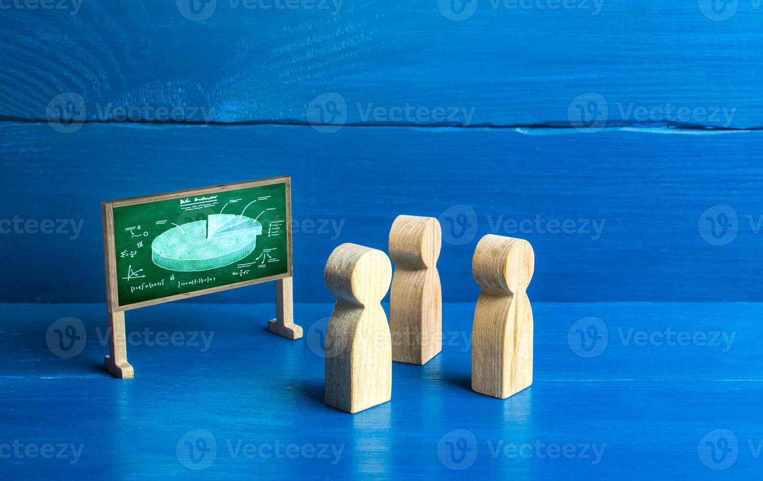 Figures of people are looking at the blackboard with a diagram. Briefing and work meetup. Training and coaching. Statistics analysis and marketing strategy development. Data review, market share photo