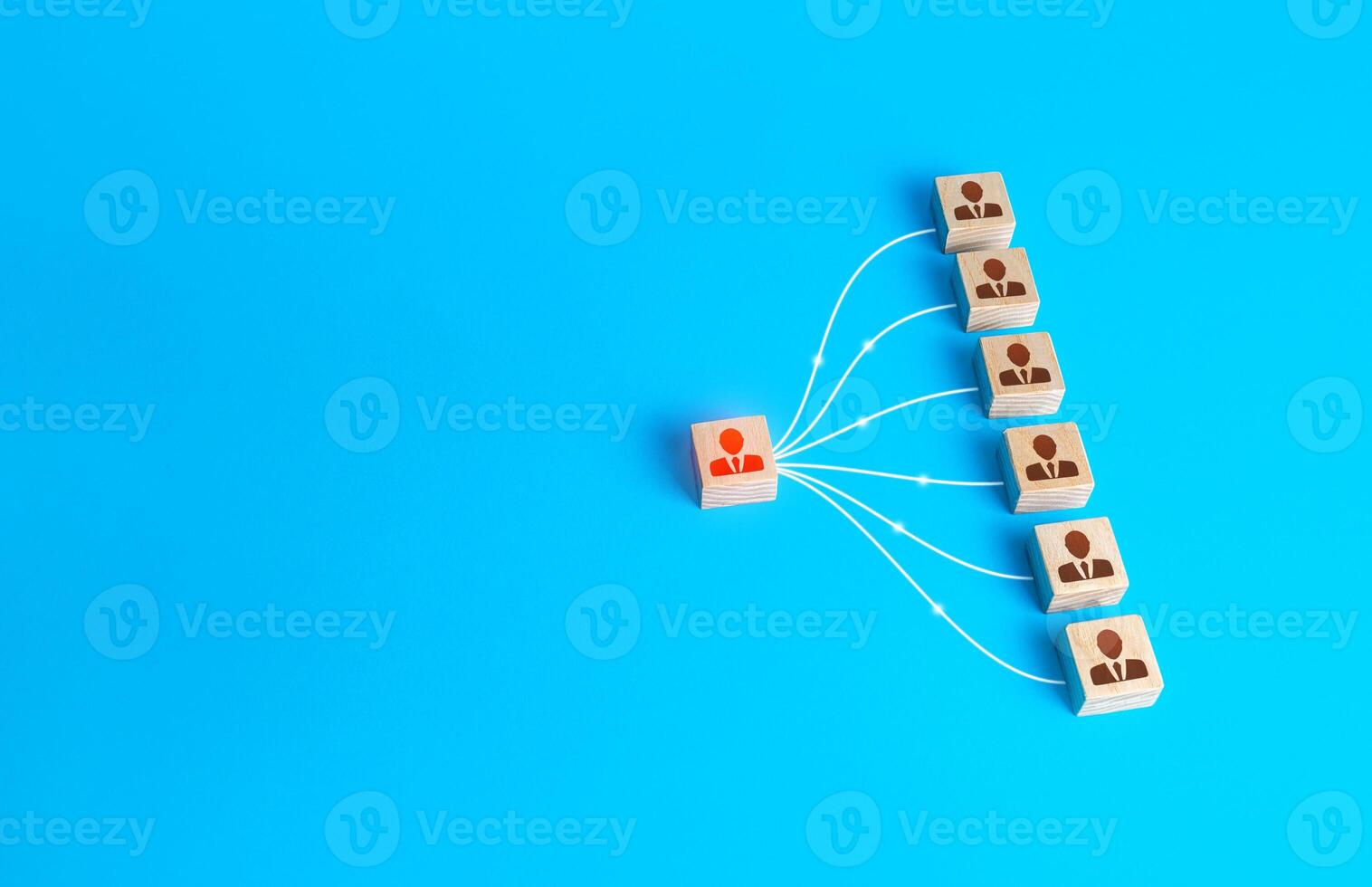 Leader figurine connected by a line with people. Effective business personnel management. Delegation of work, distribution of responsibilities. Managing employees and receiving feedback information. photo