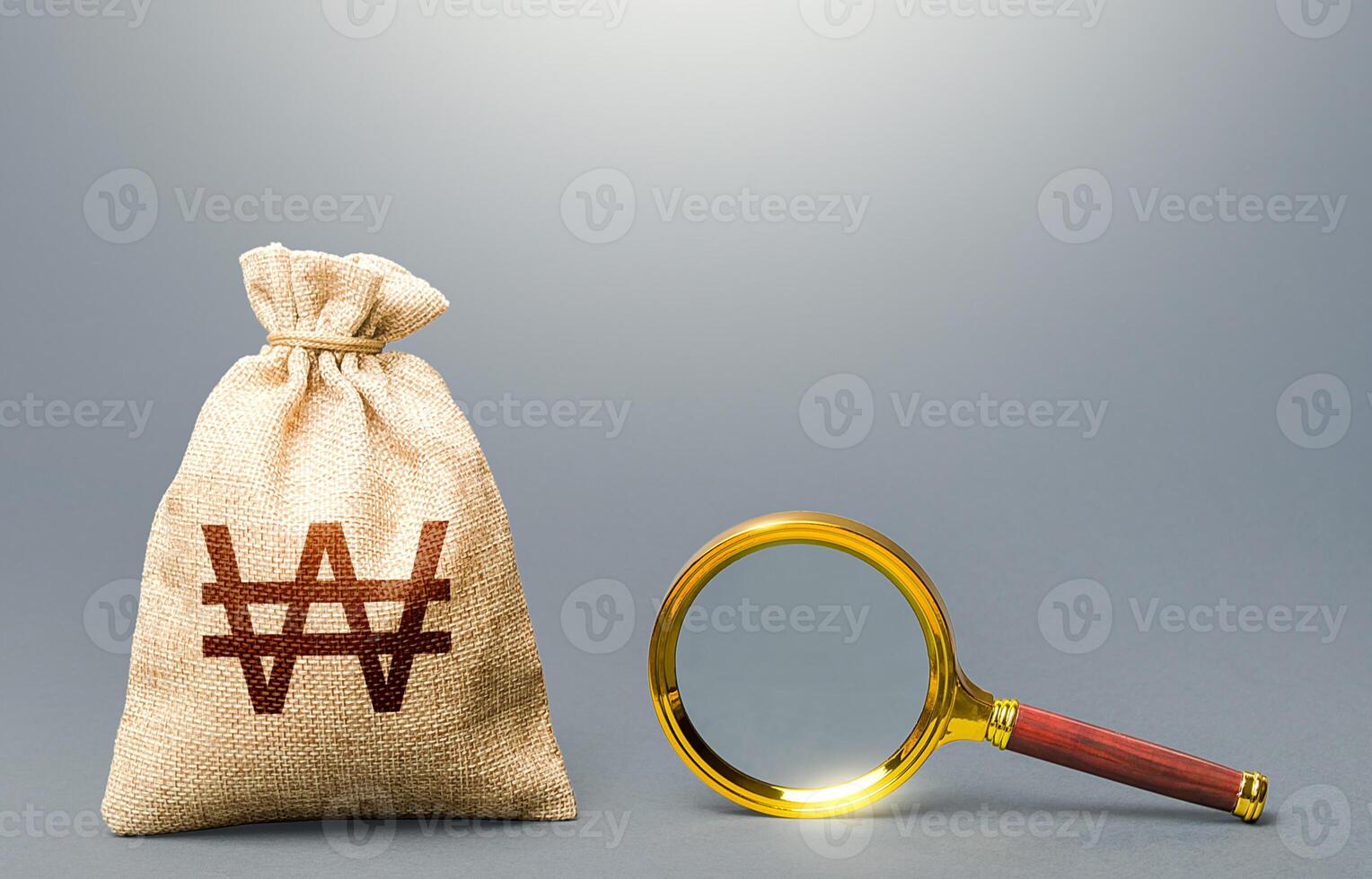South korean won money bag and magnifying glass. Origin of capital and legality of funds. Financial audit. Search for financing beneficiaries. Most favorable conditions for deposits, loans. photo