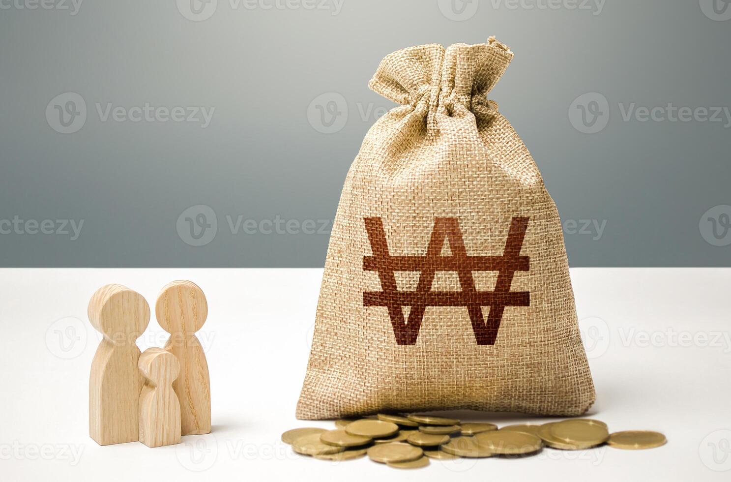 South korean won money bag with money and family figurines. Investments in human capital, culture and social projects. Financial support for social institutions. Providing assistance to citizens. photo