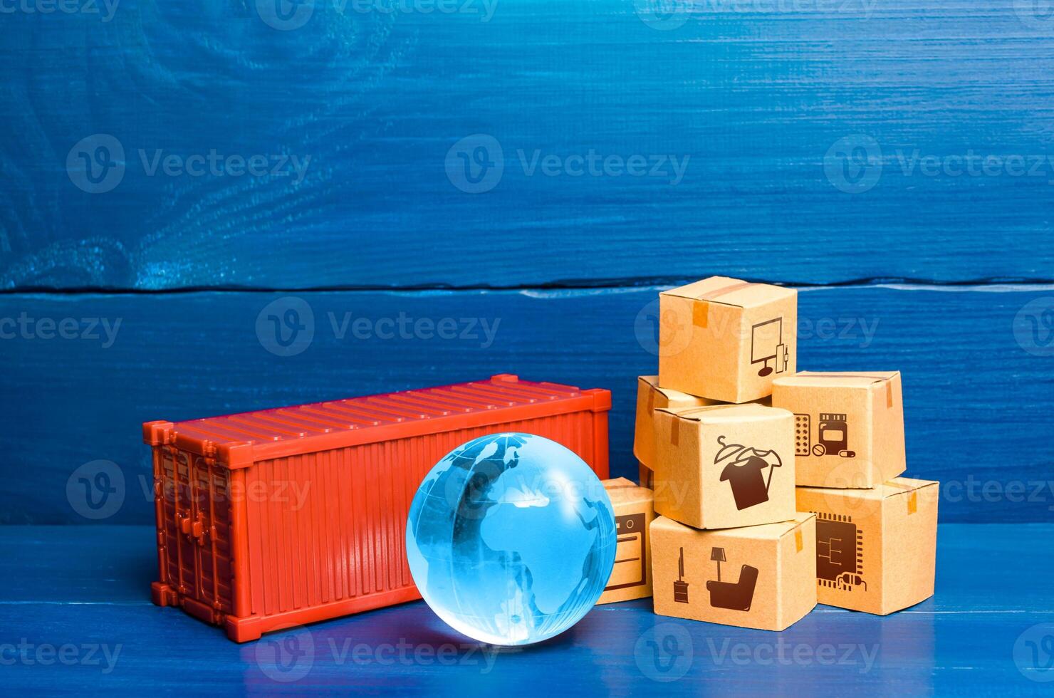 Red cargo container with boxes and blue globe of planet Earth. Global international trade in goods. World economy, economic ties. Production chains and product distribution. Freight shipping delivery. photo