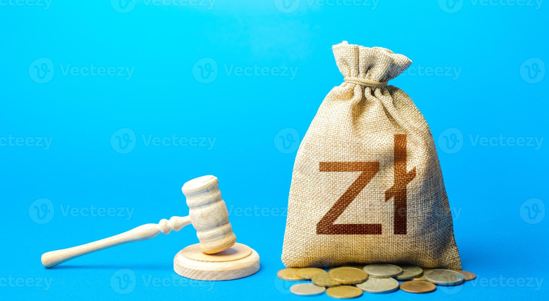 Polish zloty money bag and judge's gavel. Litigation, dispute resolution, conflict of interest settlement. Justice. Lawyer services. Awarding moral financial compensation. Protection rights. photo