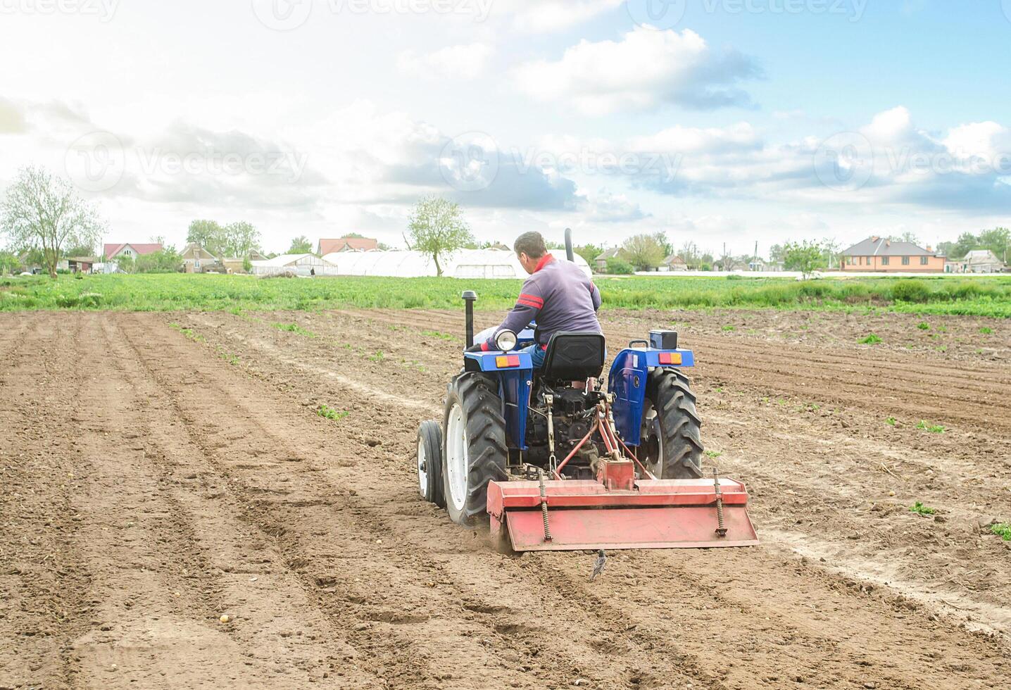 The farmer cleans and turns the soil in the farm field for further sowing with agricultural crops. Loosening surface, land cultivation. Farming, agriculture. Use of agricultural machinery photo