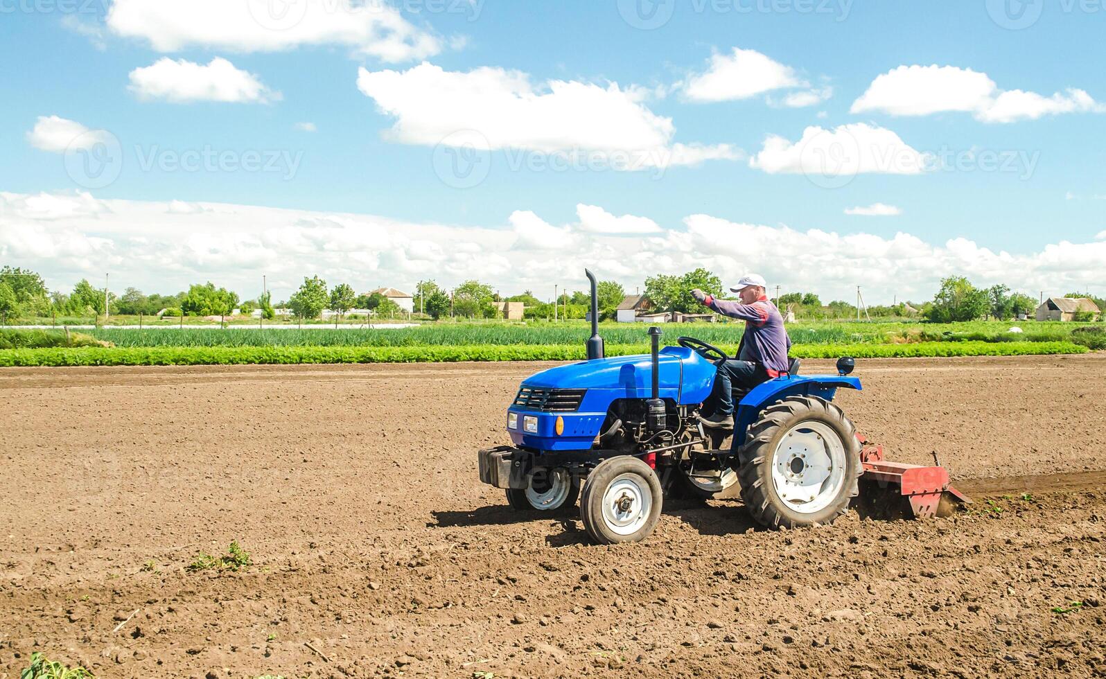 A farmer on a tractor with a mill unit crushes and processes the soil for further sowing with agricultural crops. Loosening surface, land cultivation. Plowing field. Use of agricultural machinery photo