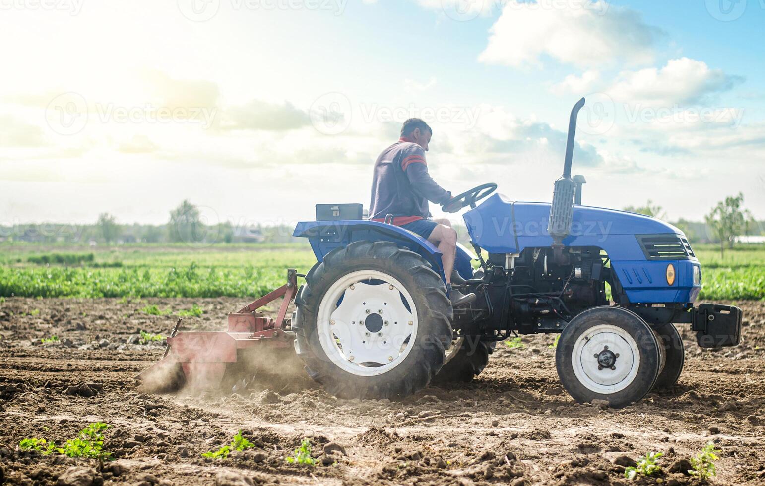 A farmer on a tractor works in the field and raises dust. Plowing field. Use of agricultural machinery and to simplify and speed up work. Loosening surface, land cultivation. Farming, agriculture. photo