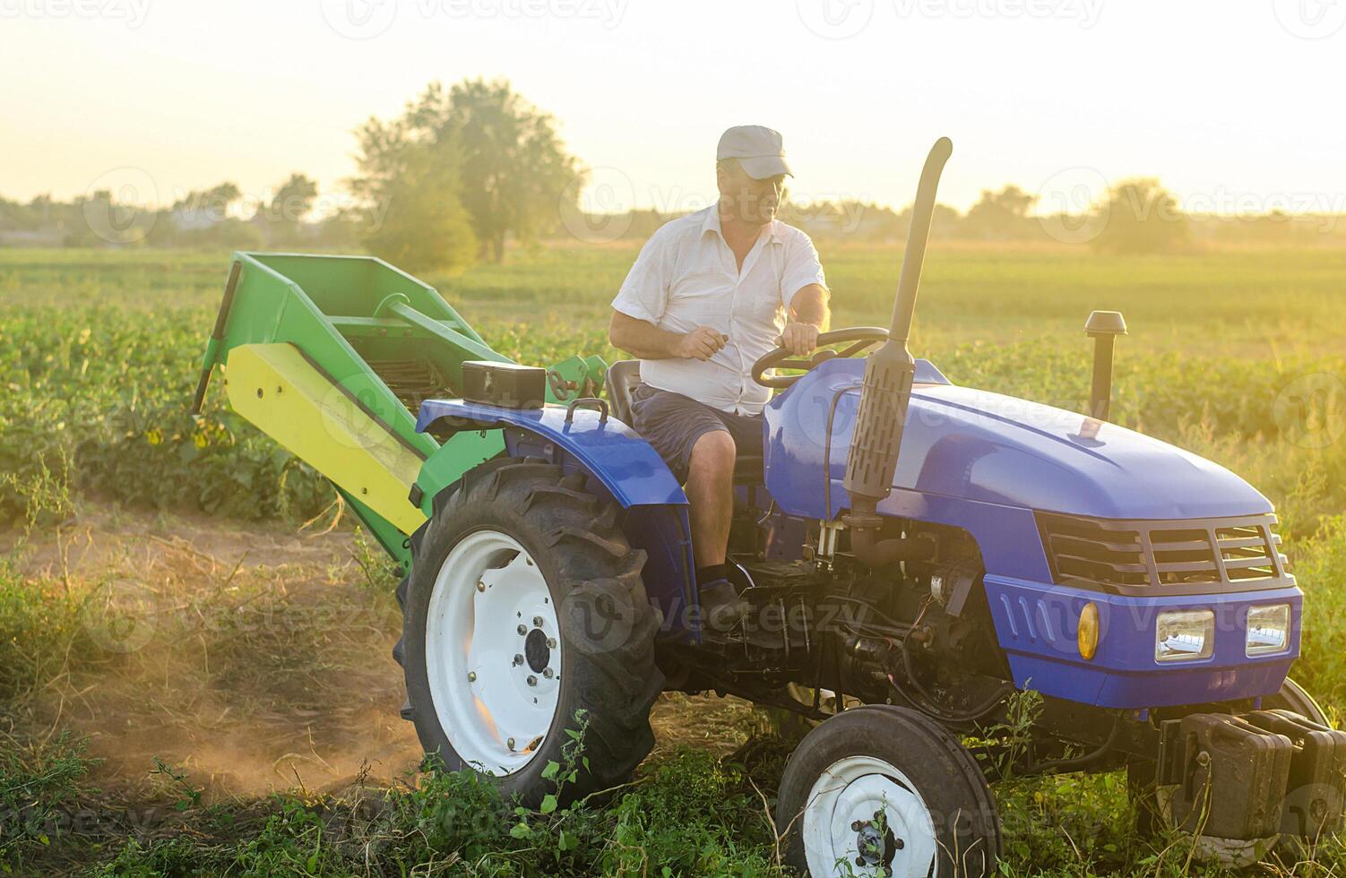 The farmer rides a tractor. Work on small farms. Support and subsidies. Farming and farmland. Campaign harvesting potatoes in autumn. Countryside. Food production. Agricultural work in the field. photo