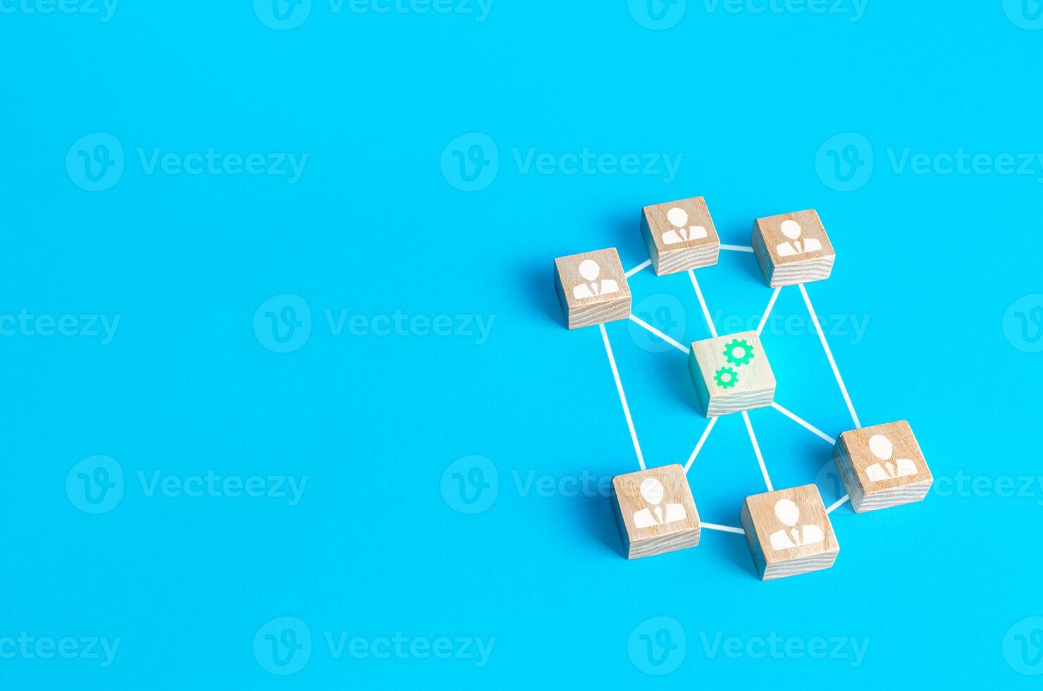 Blocks of people connected by connections unite around work on a new project. Founding a business company around a startup development. Cooperation teamwork. Innovation, collective fresh ideas. photo
