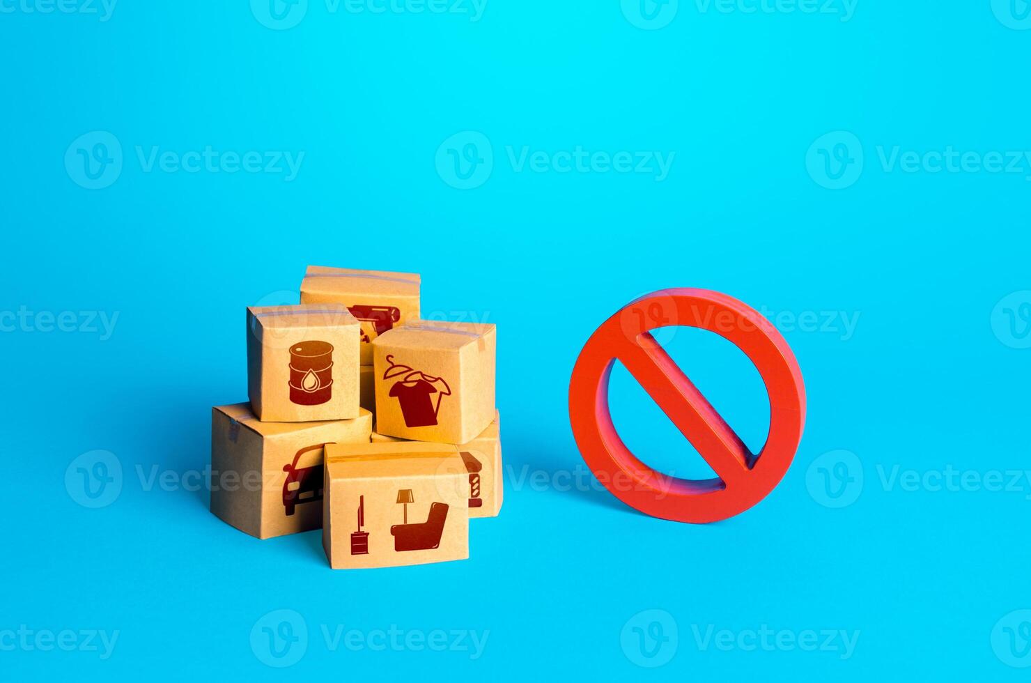 Boxes with goods and a red prohibition sign NO. Restrictions on import of products. Obstacles to imports and exports. Trade wars, economically political pressures. Protection of national manufacturers photo