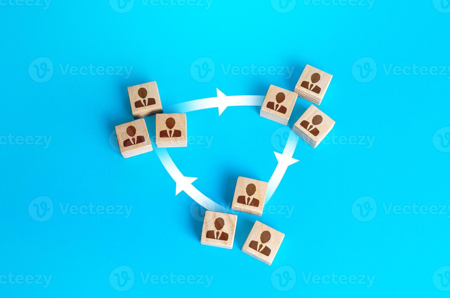Three groups of people are connected by lines. Interacting and joining forces with other teams. Assistance in completing tasks. Coordination and sharing knowledge. Business model of autonomous groups. photo