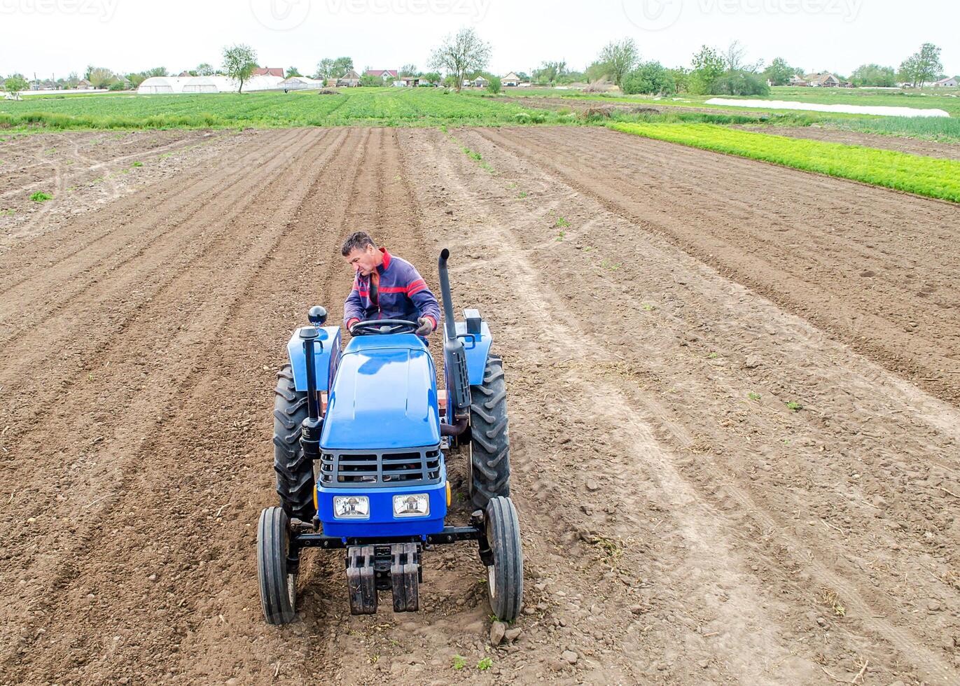A farmer on a tractor carries out land work by milling and grinding the soil and removing roots after last harvest. Loosening surface, cultivation. Farming, agriculture. Use of agricultural machinery photo