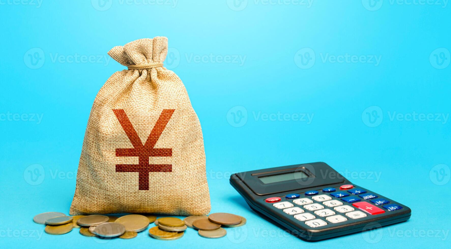 Yuan Yen money bag and calculator. Accounting concept. Analysis of loan selection. Income and expenses. Budgeting. Calculation of damage and insurance payments. Summing up the financial results. photo