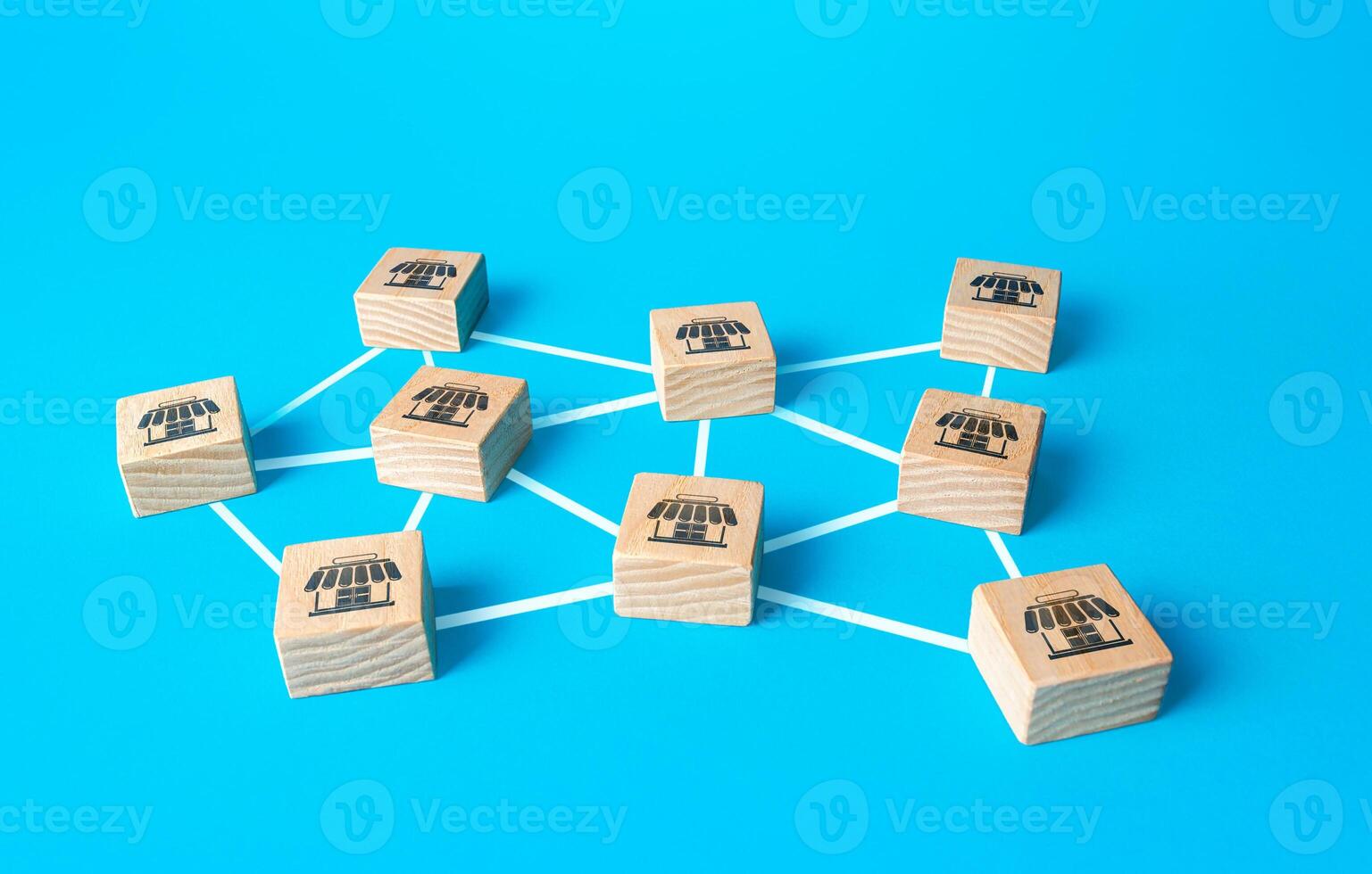 Blocks with retail shops connected by lines form network business company. Franchising concept. Business franchise. Coverage and close availability. Logistics and supply. Commercial association. photo