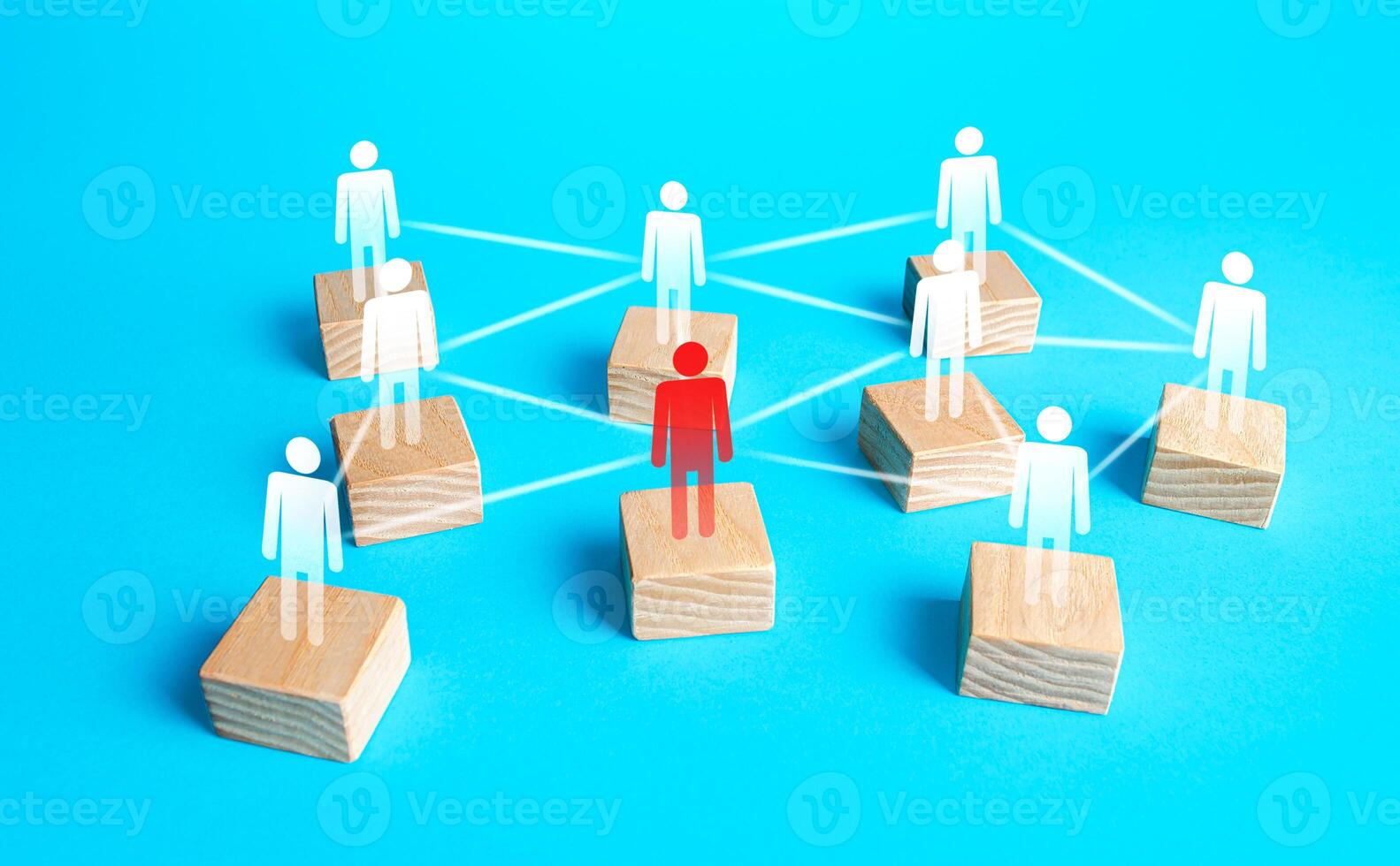 Red figurine of a person in the network of company employees. Inability to perform functions and work, replacement is required. Toxic incompetent employee. Dismissal, incompetence worker. photo
