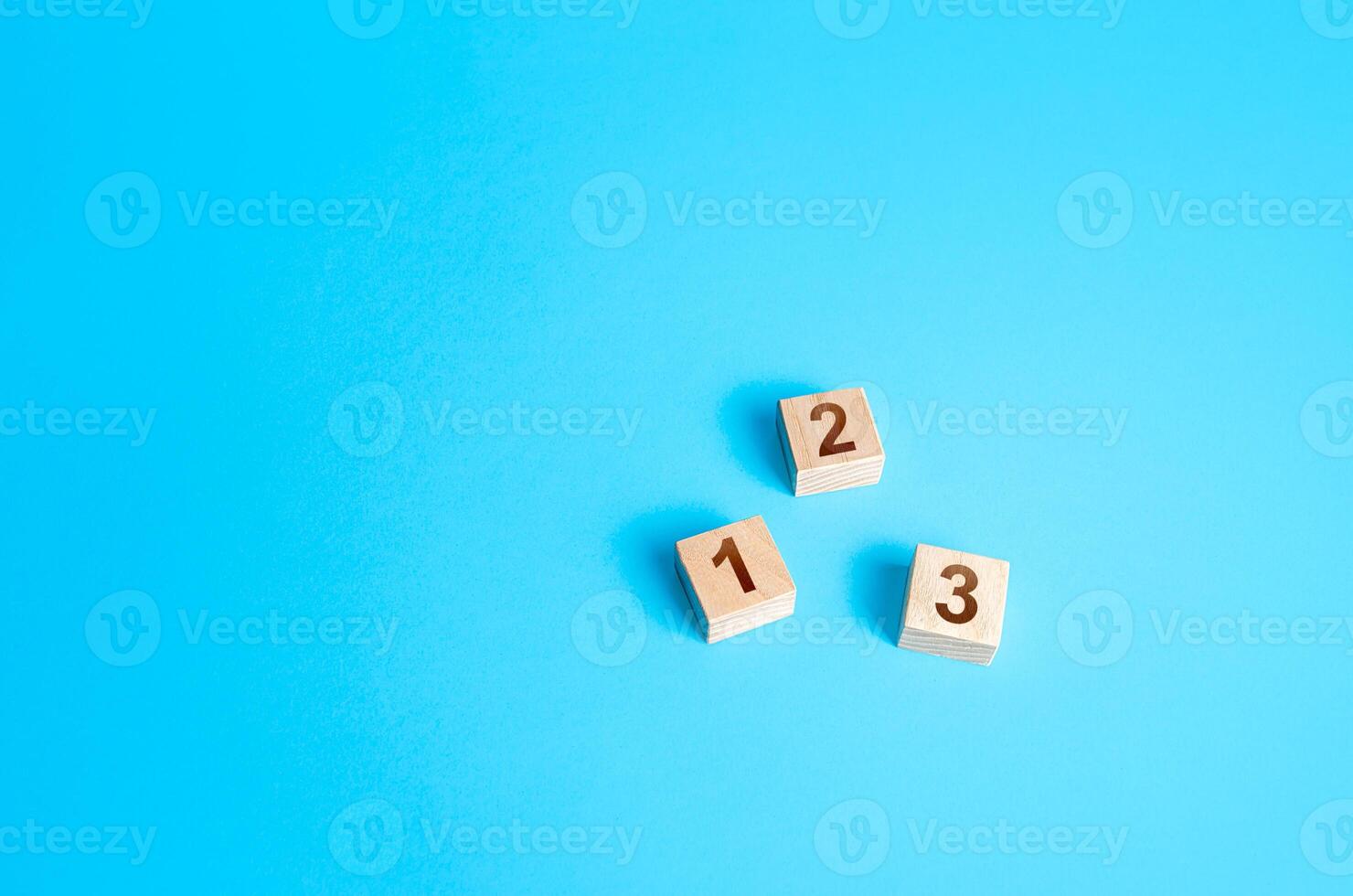 Numbered blocks on a blue background. Simple steps. Organization and systematization. Roadmap agreement. Implementation of decisions, action stages. Work instructions. Business planning, action plan. photo