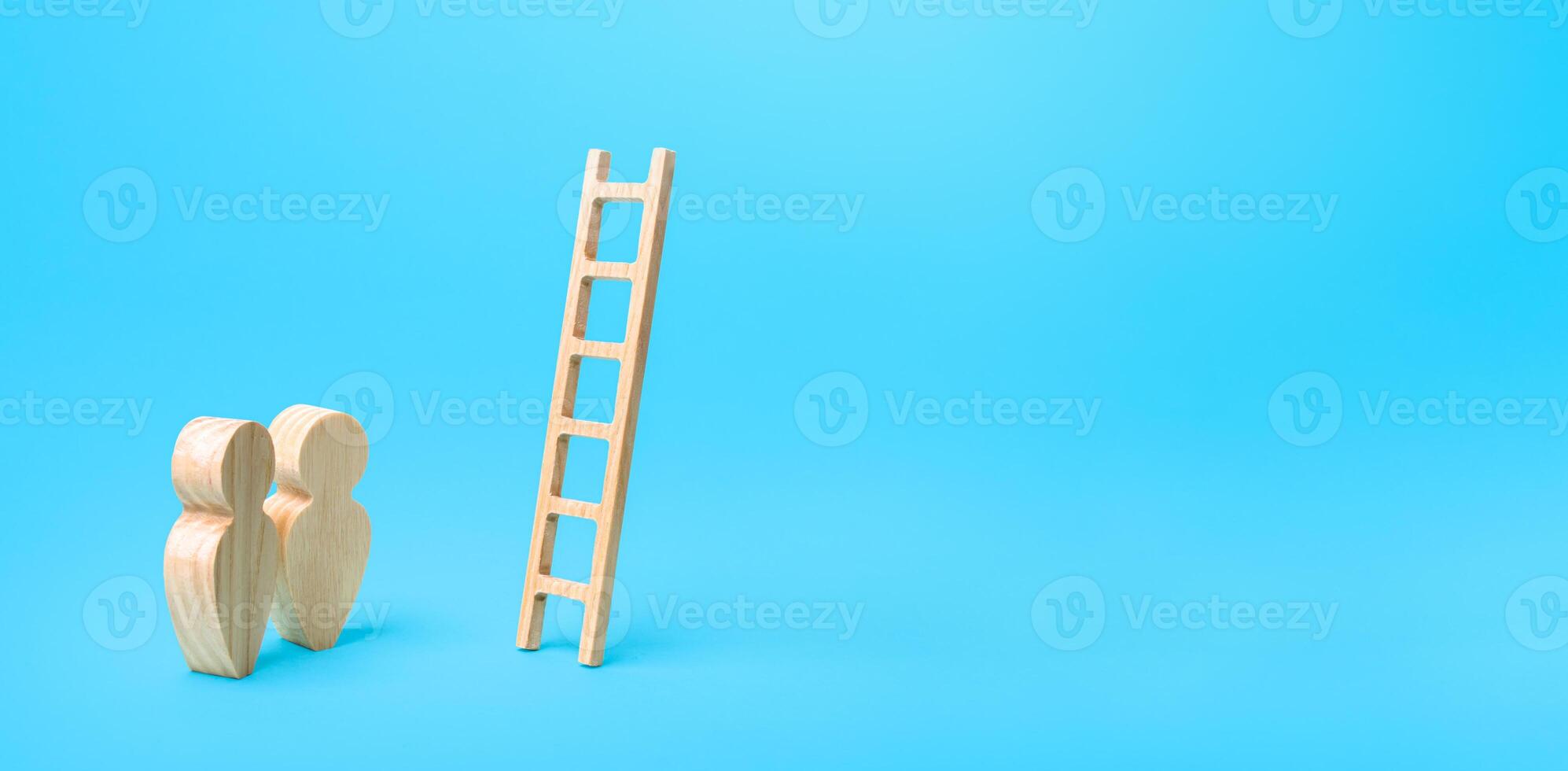 People stand near a ladder to nowhere. Career ladder. Open possibilities concept. Opportunity for growth and development. A deceiving way. Not the best option. Fears of going forward. Instability photo