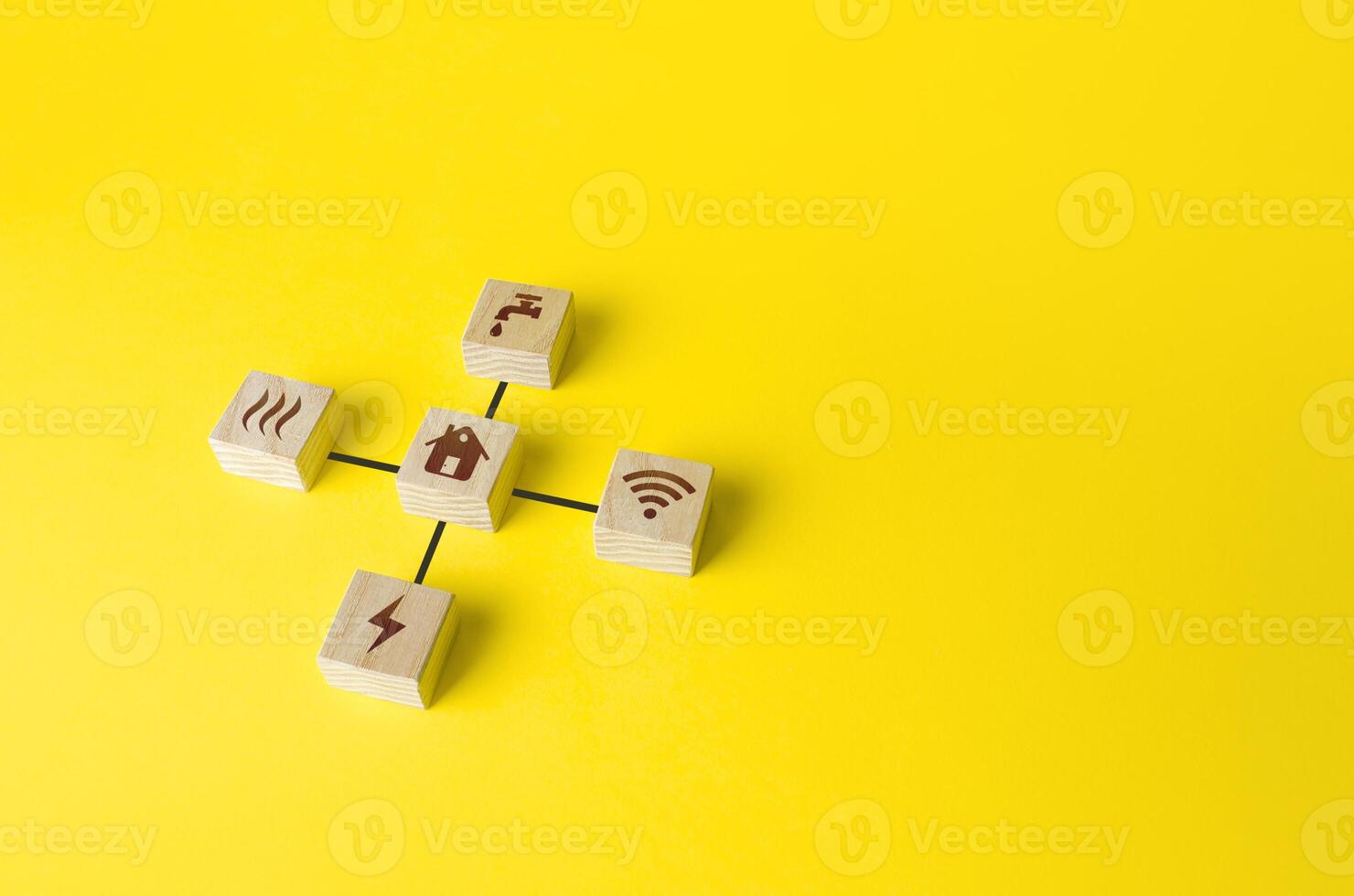 House and blocks with utilities public service symbols. Concept of real estate and infrastructure communications. Reliable supply of water, electricity, heating and communications. Life convenience . photo