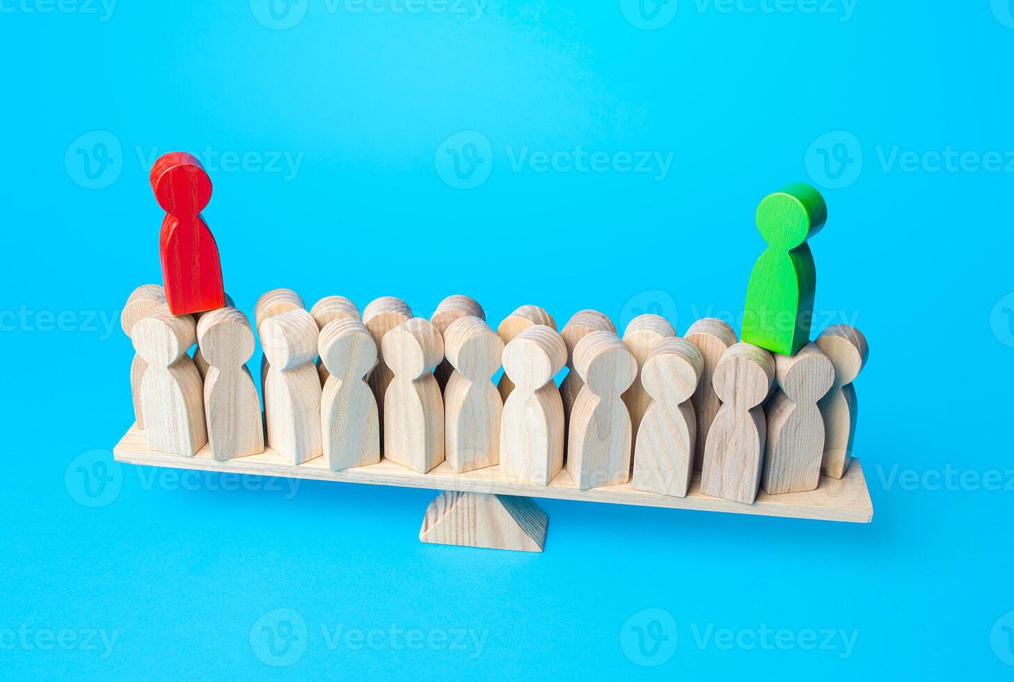 Two opposing persons in process of bringing people to their side on scales. Get the support of majority in competition. Democratic election campaign. Electorate. Political debate. photo