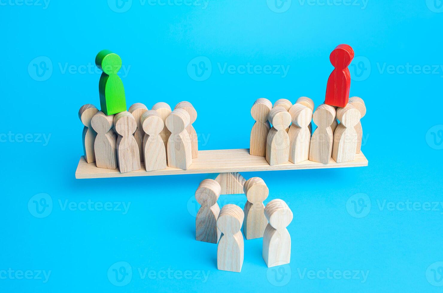 Two rival leaders attract people to their side on scales. Get the support of majority on elections. Political debate. Election campaign. Electorate. Position expression photo