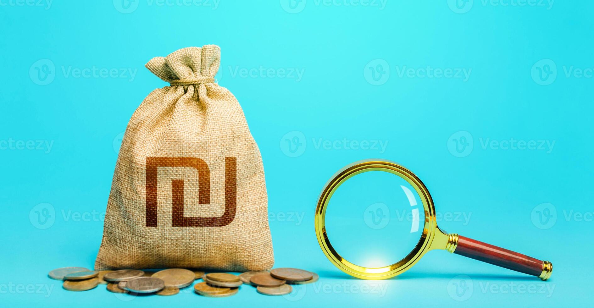 Israeli shekel money bag and magnifying glass. Origin of capital funds. Revising the budget to save money. Most favorable conditions for deposits. Search for financing. Financial audit control. photo