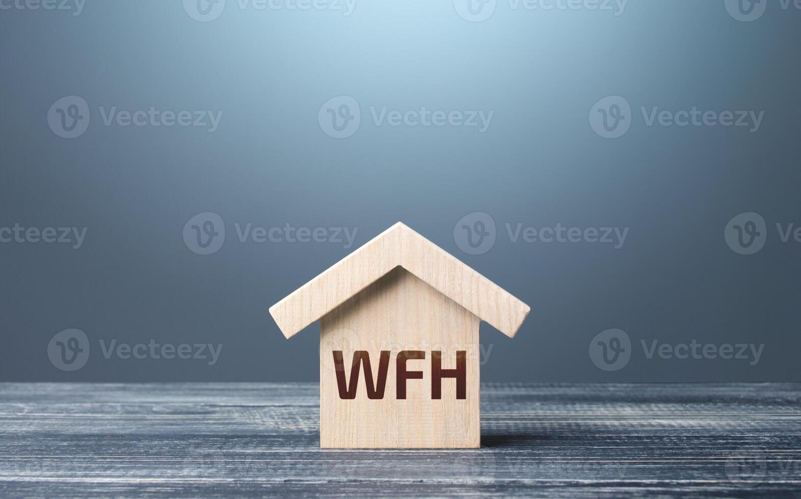 Wooden house figurine with abbreviation WFH work from home. New normal. Strict requirements and restrictions policies in the work of company. Revision of basic business approaches. Staff teleworking photo