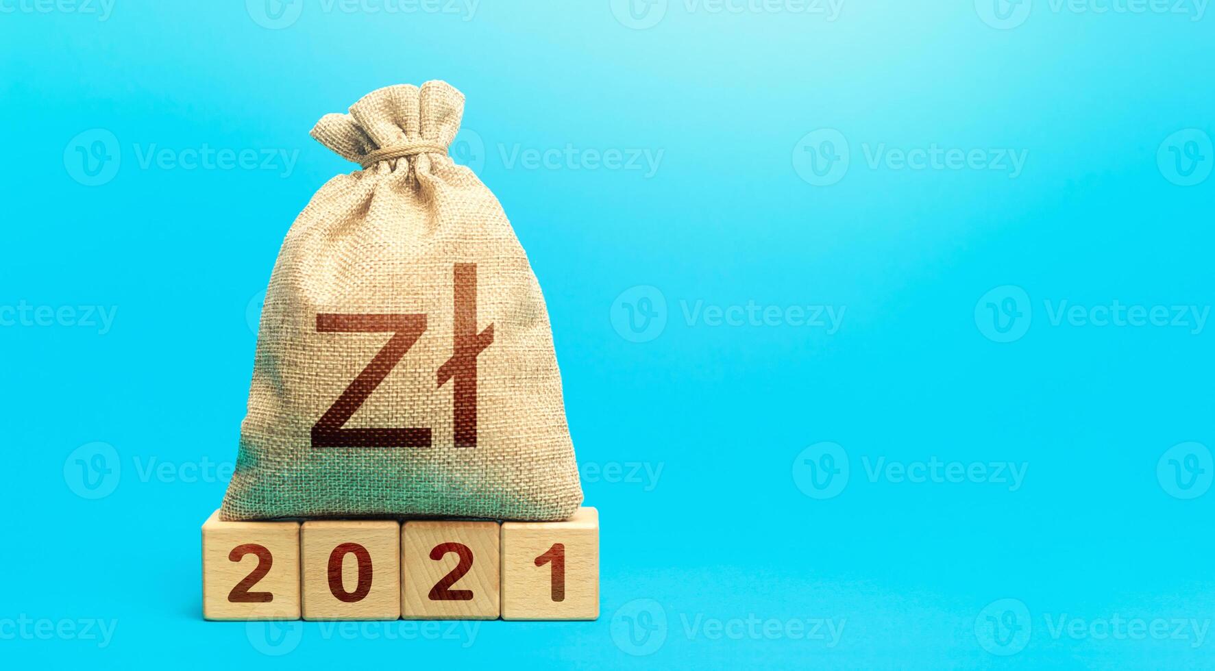 Polish zloty money bag and blocks 2021. Budget planning. Beginning of new decade. Business plans and development prospects, trends and challenges. Revenues expenses, investment and financing. photo