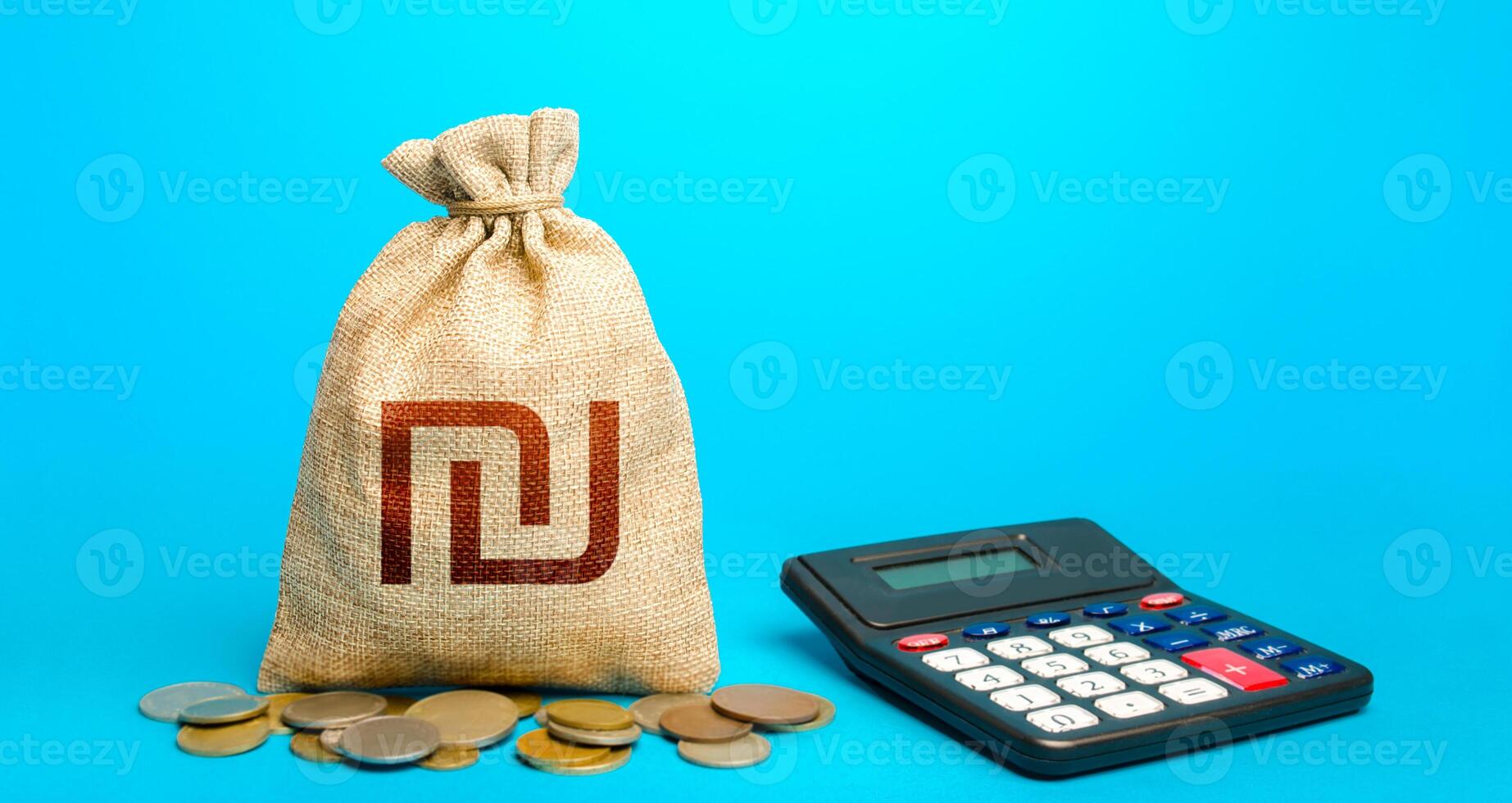 Israeli shekel money bag and calculator. Accounting concept. Analysis of loan selection. Income and expenses. Calculation of damage and insurance payments. Summing up the financial results. Budgeting. photo