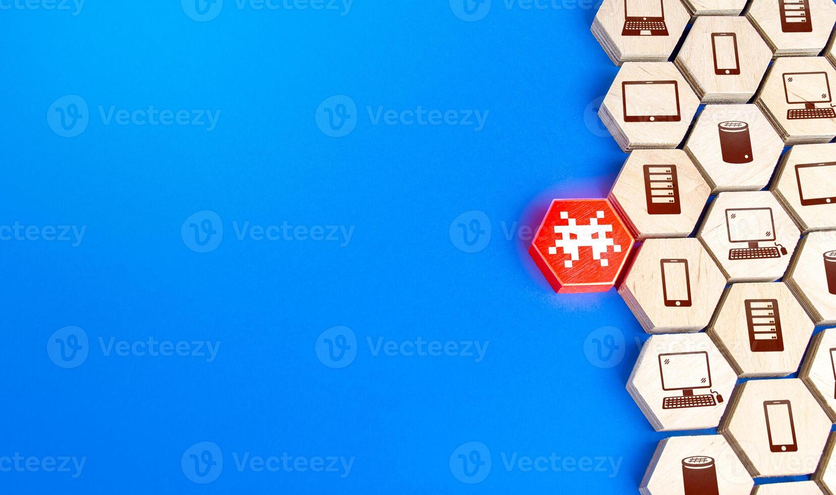 Virus attacks the network with electronic devices. Threat of malware infection of computers, mobile and smart speakers. Confidentiality, security of personal and financial data. Spyware integration photo