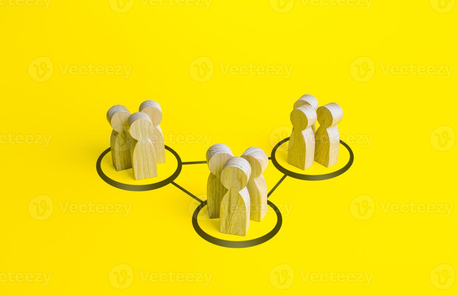 Groups of people are connected by lines. Interdependence correlation in workflow. Interacting and joining forces with other teams. Interact to complete tasks. Formation of a more complex community. photo