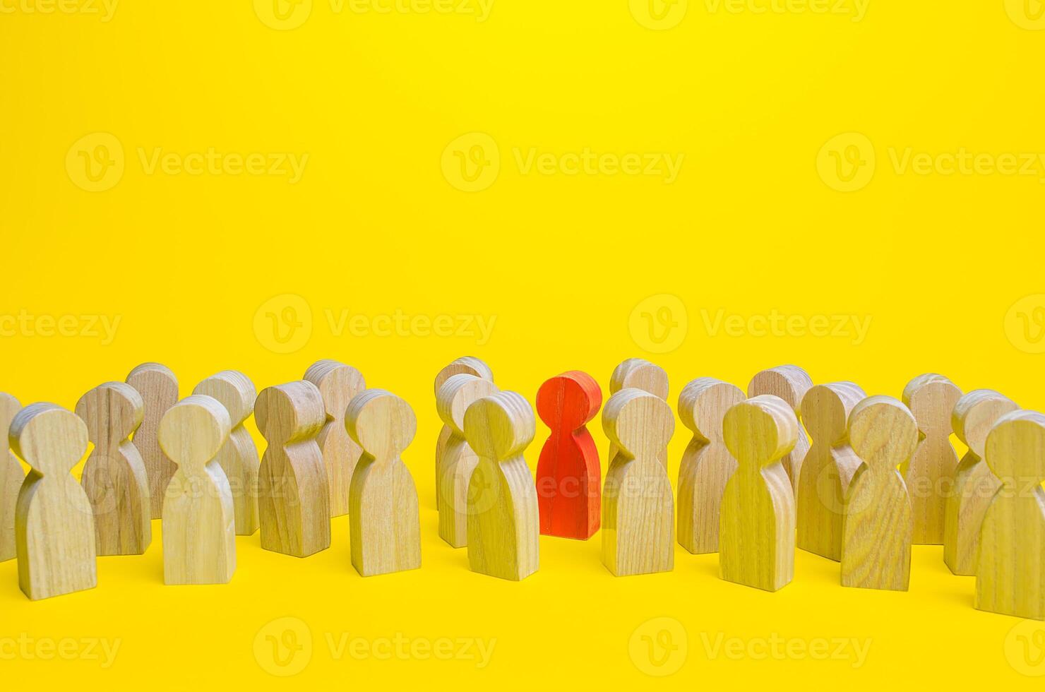 Red man in a crowd. Stranger, eye-catching. Different, special. Infected carrying threat of pandemic spread. Collective immunity. Social distance. Intruder detection. Coming out. Be different photo