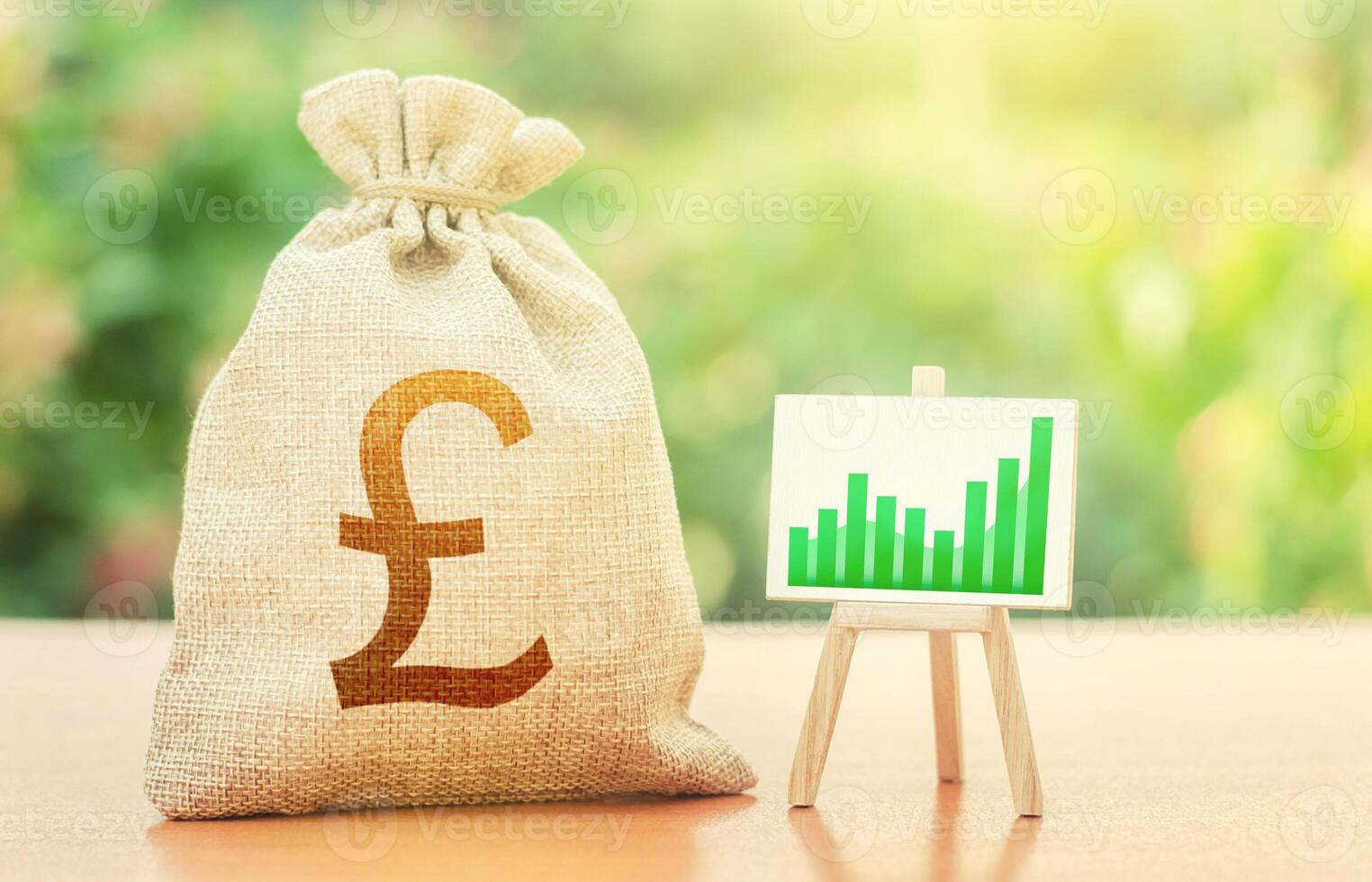 British pound sterling money bag and easel with green positive growth graph. Economic development. Recovery and growth economy, good investment attractiveness. Deposits profitability. photo