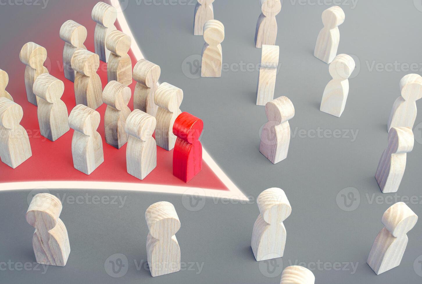 Arrow formation of leader with followers breaks through the crowd. Breaking new ground. Reform movement, political force. Public response. Cooperation, social movement. Consolidation photo