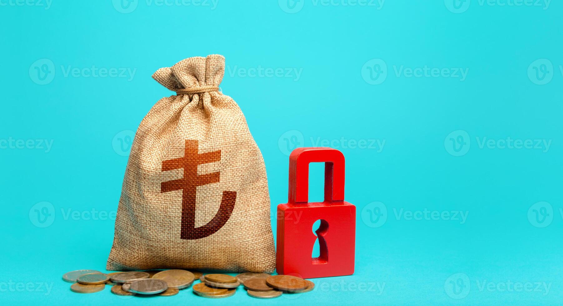 Turkish lira money bag and red padlock. Blocking bank accounts and seizing assets. Freezing of pension savings. Tight government control over the financial system. Cash flow monitoring. photo